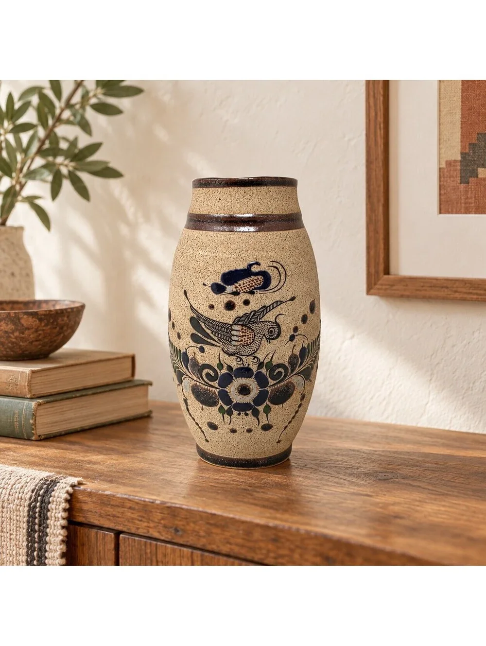 Vintage Netzi Mexico Tonala Pottery Bird Floral Sandstone Vase Signed